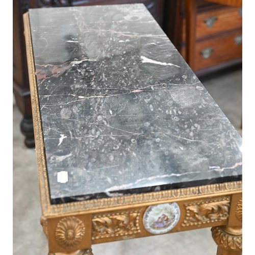 27 - A French Louis XVI style marble topped console table, gilt wood base with ceramic plaques printed wi... 