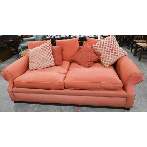 30 - A Sofa Workshop 'Limerick' large scroll arm sofa c/w scatter cushions, coral fabric, 220 cm w x 94 c... 