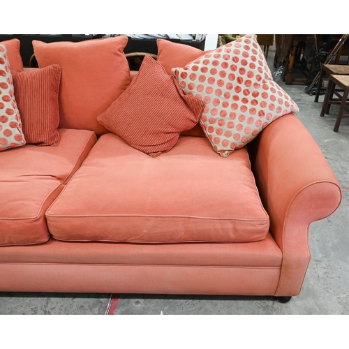 30 - A Sofa Workshop 'Limerick' large scroll arm sofa c/w scatter cushions, coral fabric, 220 cm w x 94 c... 