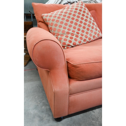 30 - A Sofa Workshop 'Limerick' large scroll arm sofa c/w scatter cushions, coral fabric, 220 cm w x 94 c... 