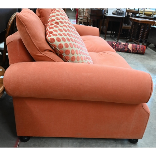 30 - A Sofa Workshop 'Limerick' large scroll arm sofa c/w scatter cushions, coral fabric, 220 cm w x 94 c... 