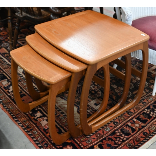 35 - A G-Plan style nest of three teak tables to/w a Lloyd Loom wicker bedroom chair with burgundy seat (... 