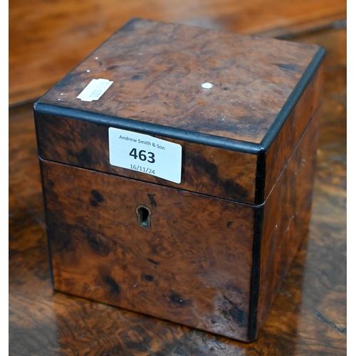 463 - An antique burr walnut cube tea caddy 12 cm