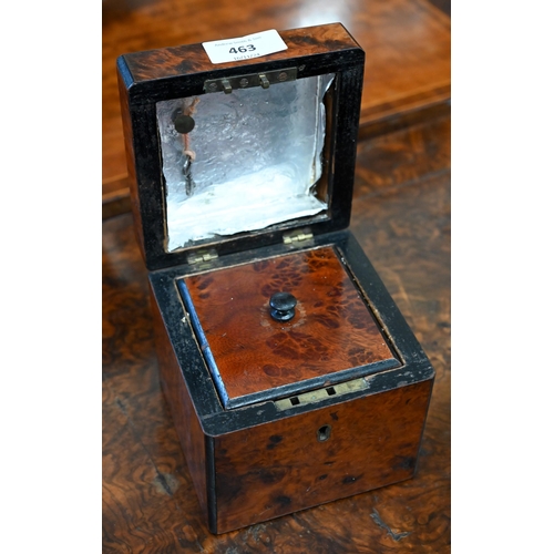 463 - An antique burr walnut cube tea caddy 12 cm