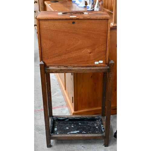 469 - An oak engineer's tool-chest fitted with eight drawers, 43 cm wide to/w an oak stick-stand (2)