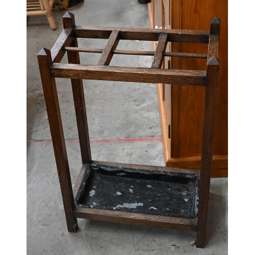 469 - An oak engineer's tool-chest fitted with eight drawers, 43 cm wide to/w an oak stick-stand (2)