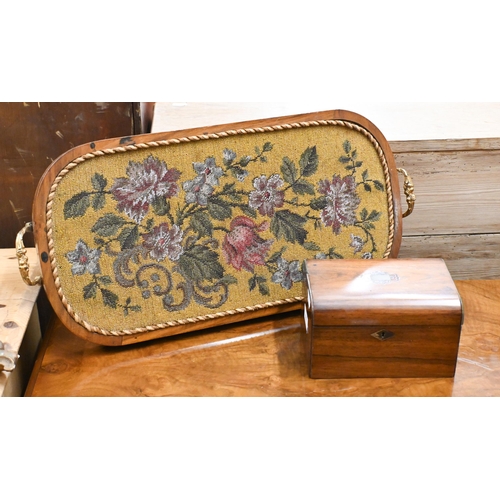 489 - A Victorian inlaid walnut tray/plinth with twin brass handles and floral beadwork panel 58 cm wide, ... 