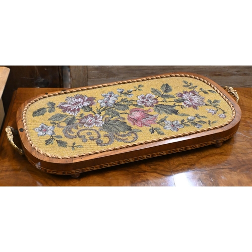 489 - A Victorian inlaid walnut tray/plinth with twin brass handles and floral beadwork panel 58 cm wide, ... 