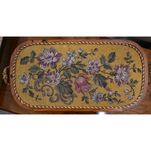 489 - A Victorian inlaid walnut tray/plinth with twin brass handles and floral beadwork panel 58 cm wide, ... 