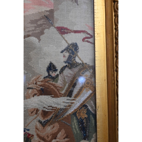 494 - A 19th century needlework, the Sack of Jerusalem, 65 x 57 cm, in glazed gilt gesso ornate frame