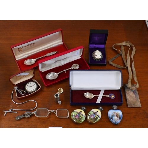 497 - Various collectables including a Victorian engraved silver scent flask, Birmingham 1884, three heart... 