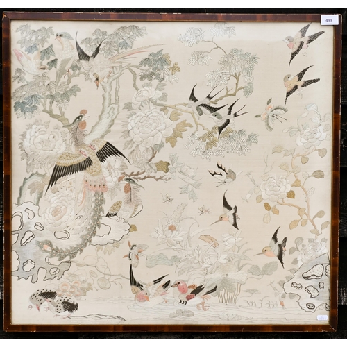 499 - A vintage Chinese silk longstitch panel, worked with exotic birds, 67 x 71 cm, framed and glazed