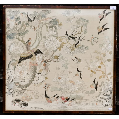 499 - A vintage Chinese silk longstitch panel, worked with exotic birds, 67 x 71 cm, framed and glazed