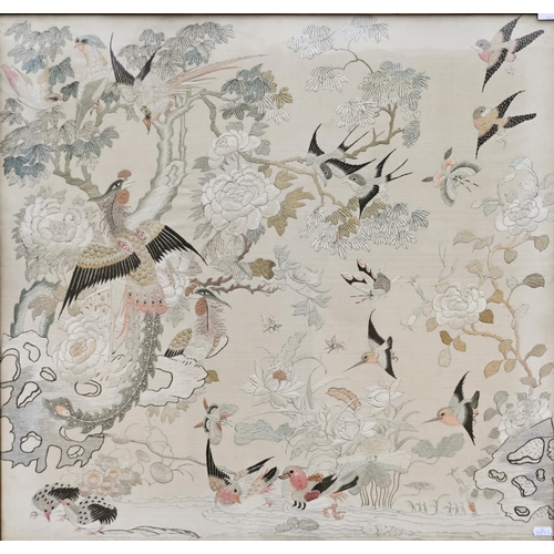 499 - A vintage Chinese silk longstitch panel, worked with exotic birds, 67 x 71 cm, framed and glazed