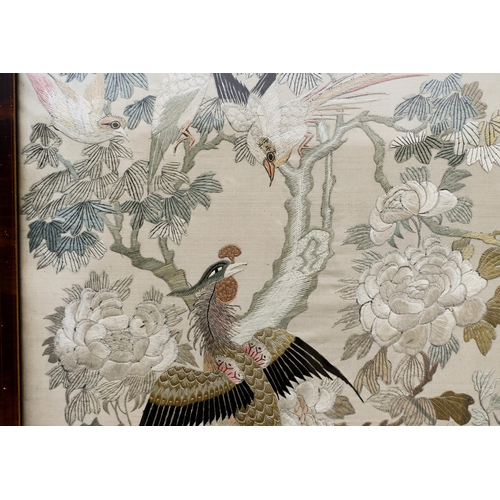 499 - A vintage Chinese silk longstitch panel, worked with exotic birds, 67 x 71 cm, framed and glazed