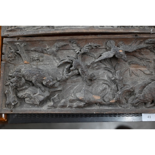 500 - A pair of antique bas-relief carved panels, depicting 'Nature red in Tooth and Claw', with various a... 