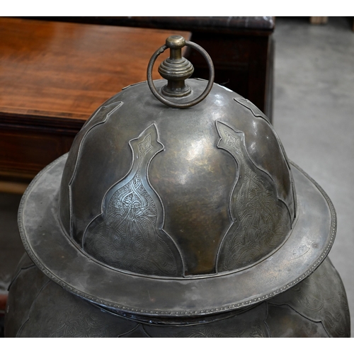 502 - A large Chinese copper floor vase and cover with engraved decoration, 9 cm high to/w a copper plaque... 