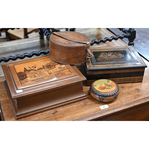 506 - A continental walnut cigar humidor with pictorial marquetry top, 32.5 cm wide, to/w a 19th century S... 