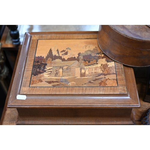 506 - A continental walnut cigar humidor with pictorial marquetry top, 32.5 cm wide, to/w a 19th century S... 