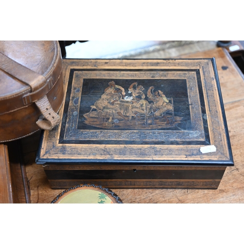 506 - A continental walnut cigar humidor with pictorial marquetry top, 32.5 cm wide, to/w a 19th century S... 