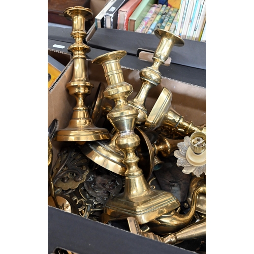 509 - Twelve antique and later baluster candlesticks, to/w various horse-brasses, electrolier, pair of fla... 