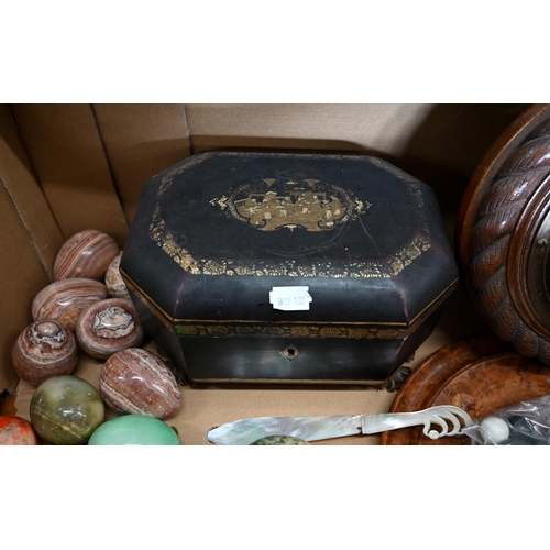 511 - A lacquered tea caddy containing two Chinese engraved lead canisters (a/f), to/w 19 polished marble ... 