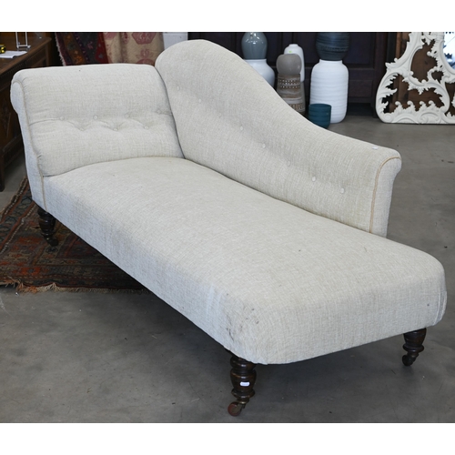 52 - A late Victorian scroll-end chaise longue with shaped back, buttoned cream chenille upholstery and t... 