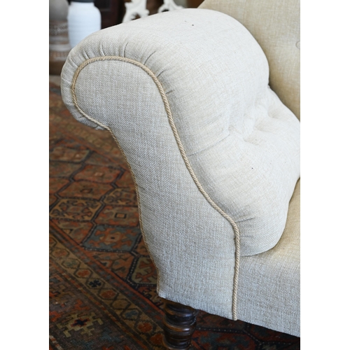 52 - A late Victorian scroll-end chaise longue with shaped back, buttoned cream chenille upholstery and t... 