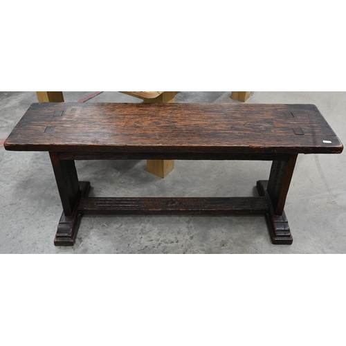 64 - An antique oak hall bench, traditional vernacular construction, 100 cm w x 27 cm d x 40 cm h