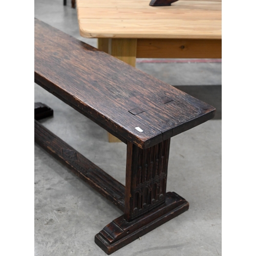 64 - An antique oak hall bench, traditional vernacular construction, 100 cm w x 27 cm d x 40 cm h