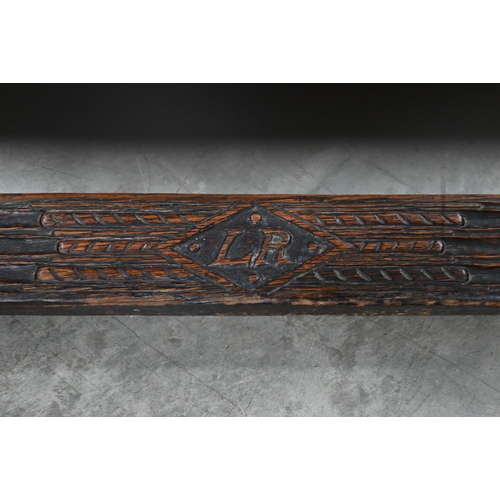 64 - An antique oak hall bench, traditional vernacular construction, 100 cm w x 27 cm d x 40 cm h