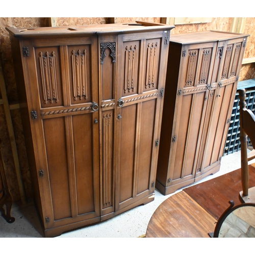 66 - Two 'L. Marcus Ltd' oak wardrobes with linenfold carved panels, 130 x 55 x 185 cm h (largest) (2)