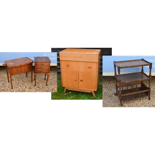 67 - An oak three-tier drinks trolley to/w a teak side cabinet, sewing table (and contents) and a three-d... 