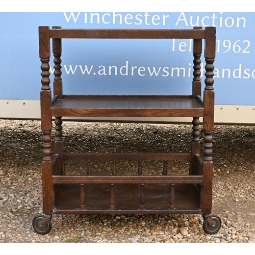 67 - An oak three-tier drinks trolley to/w a teak side cabinet, sewing table (and contents) and a three-d... 