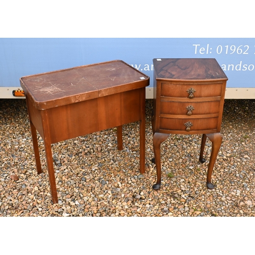 67 - An oak three-tier drinks trolley to/w a teak side cabinet, sewing table (and contents) and a three-d... 