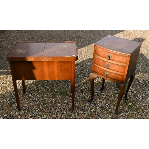 67 - An oak three-tier drinks trolley to/w a teak side cabinet, sewing table (and contents) and a three-d... 