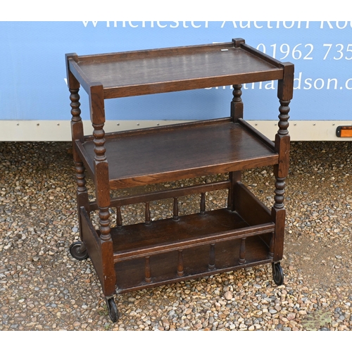 67 - An oak three-tier drinks trolley to/w a teak side cabinet, sewing table (and contents) and a three-d... 