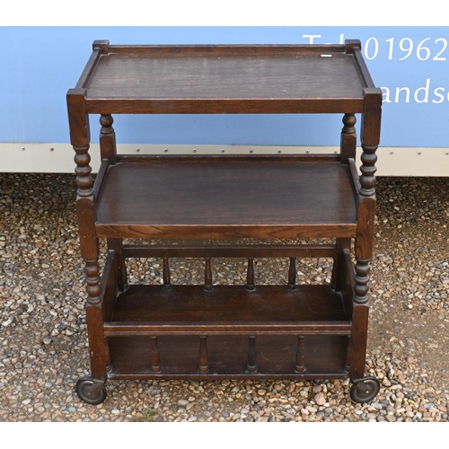 67 - An oak three-tier drinks trolley to/w a teak side cabinet, sewing table (and contents) and a three-d... 