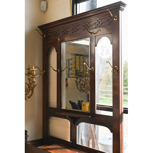 71 - Edwardian mahogany hall stand with bevelled mirror and brass hooks fitted with glove box, stick stan... 