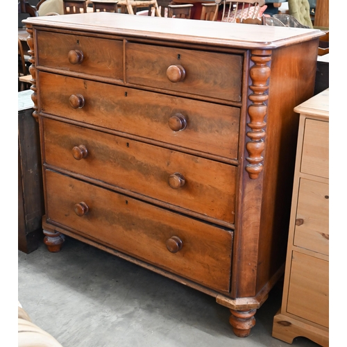 81 - A 19th century mahogany chest of two short over three long drawers with turned handles and feet, 116... 