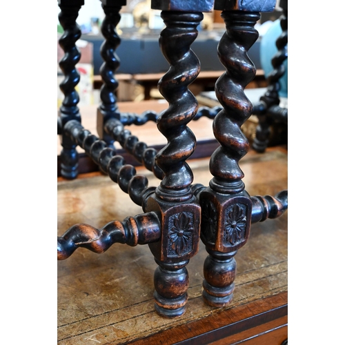 83 - A pair of 19th century carved oak hall chairs with barley twist spindles, supports and stretchers, g... 