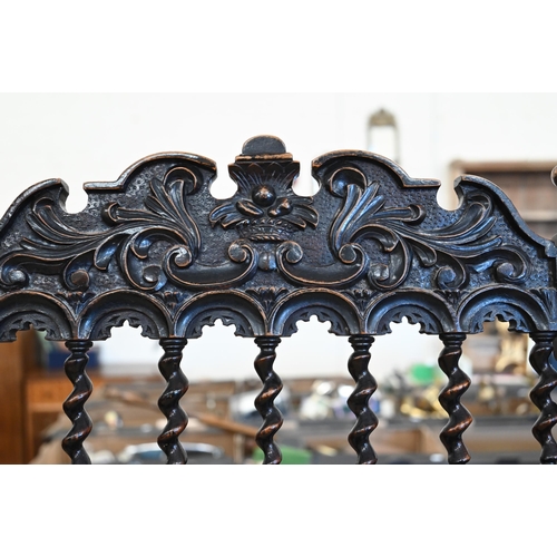 83 - A pair of 19th century carved oak hall chairs with barley twist spindles, supports and stretchers, g... 