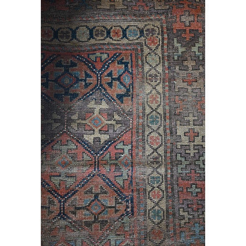 93 - Antique Kurdish runner of geometric design on red ground with repeating borders, very worn, 290 x 12... 