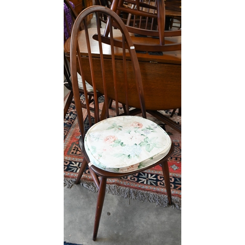 98 - An Ercol dark elm drop-leaf dining table, 110 cm x 124 cm x 70 cm h to/w four Windsor Quaker dining ... 