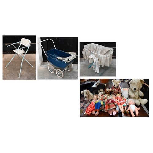 476 - A mixed collection of vintage dolls and teddies to/w a metal cot and pram, etc