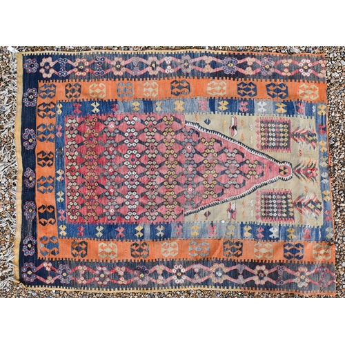 89 - An antique Turkish Cancun prayer kilim, one end folded and stitched a/f, 182 x 140 cm