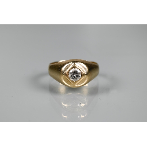 232 - A 9ct yellow gold gypsy style ring with inset diamond, size N, approx 4.8g all in