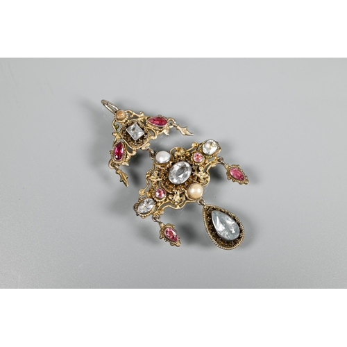 233 - A Renaissance-style gem-set pendant set with pink and white stones and pearl, on yellow and white me... 