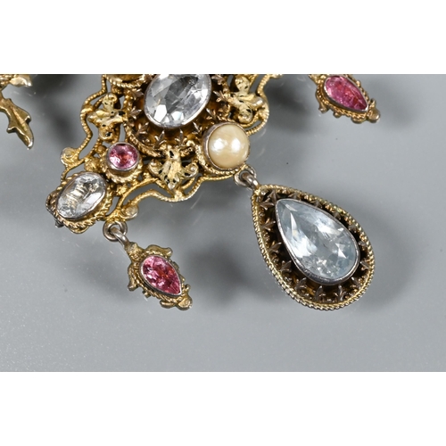 233 - A Renaissance-style gem-set pendant set with pink and white stones and pearl, on yellow and white me... 