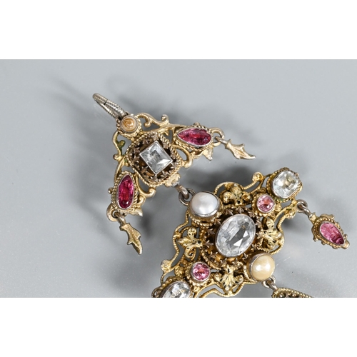 233 - A Renaissance-style gem-set pendant set with pink and white stones and pearl, on yellow and white me... 